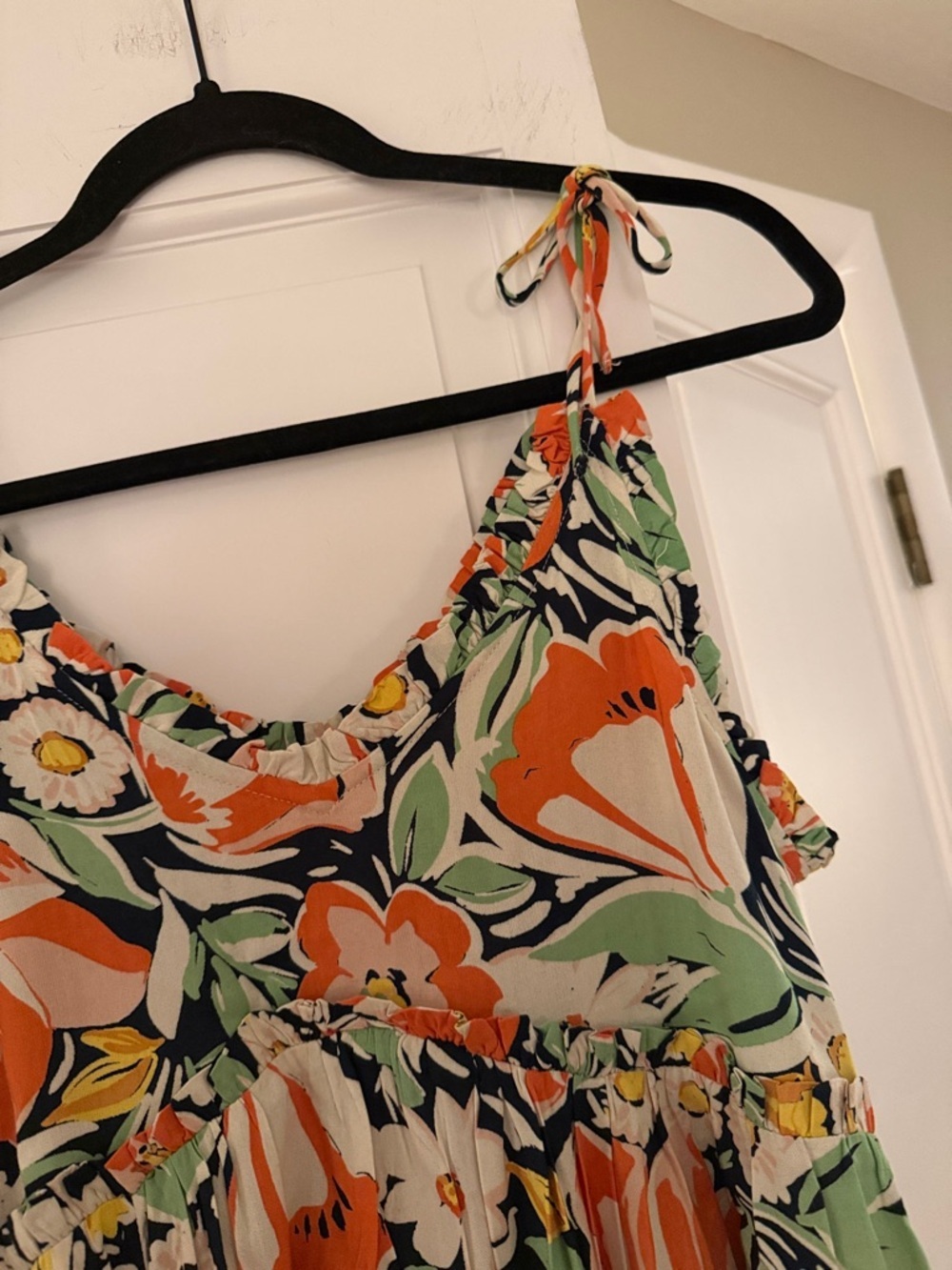 Patrons of Peace Malibu Floral Dress Orange Green Tie Shoulder Boho Mini EUC - Picture 6 of 7